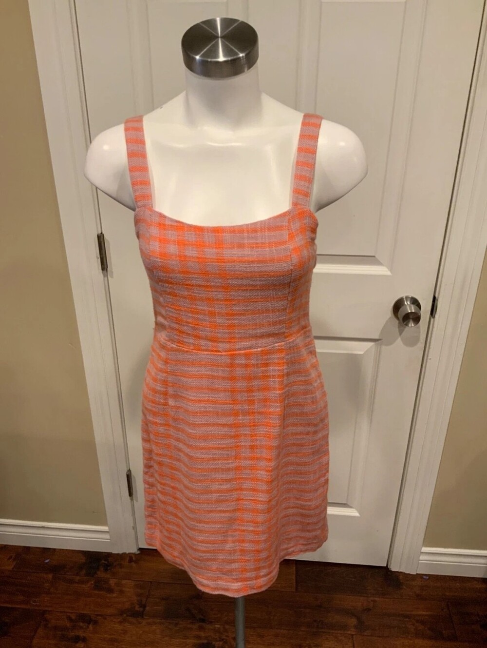 Sleeveless Orange & Cream Plaid Mini Dress with Square Neckline
